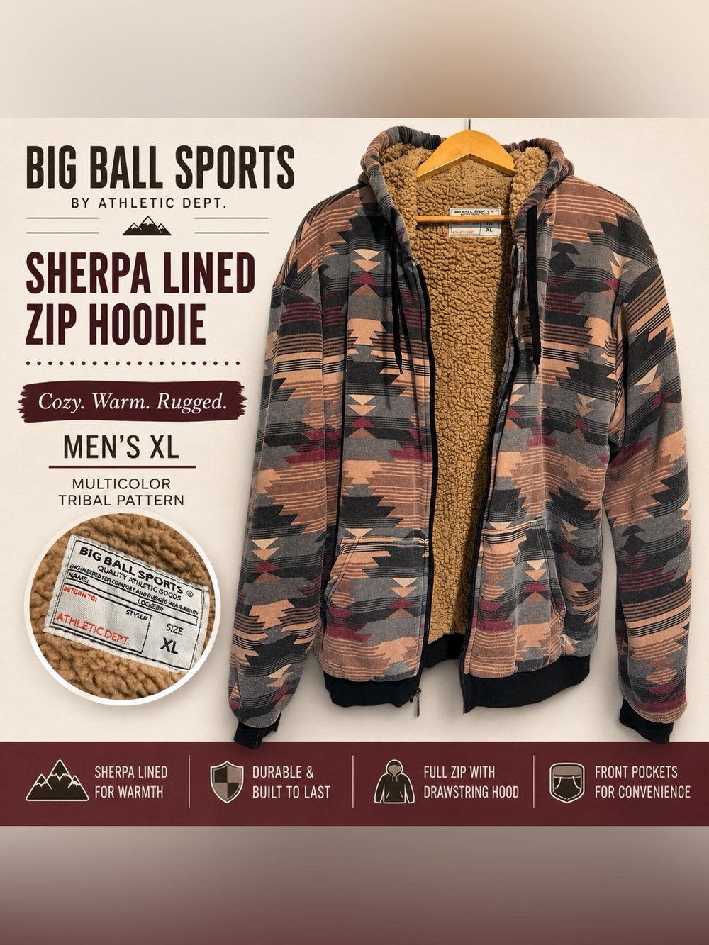 Big Ball Sports Sherpa Lined Full Zip Hoodie Jacket XL Southwestern Aztec Print
